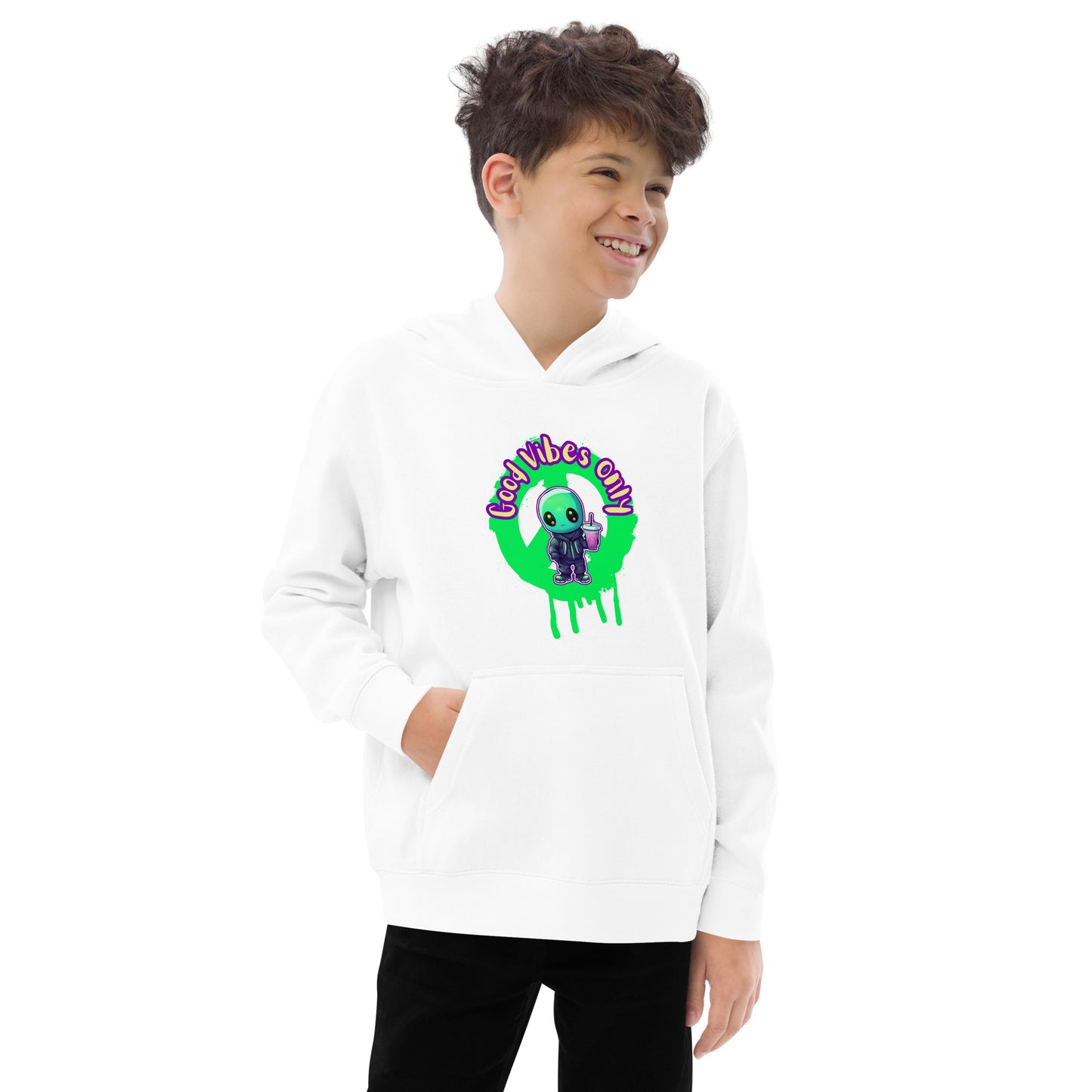 Alien Good Vibes only neon unisex Kids fleece hoodie