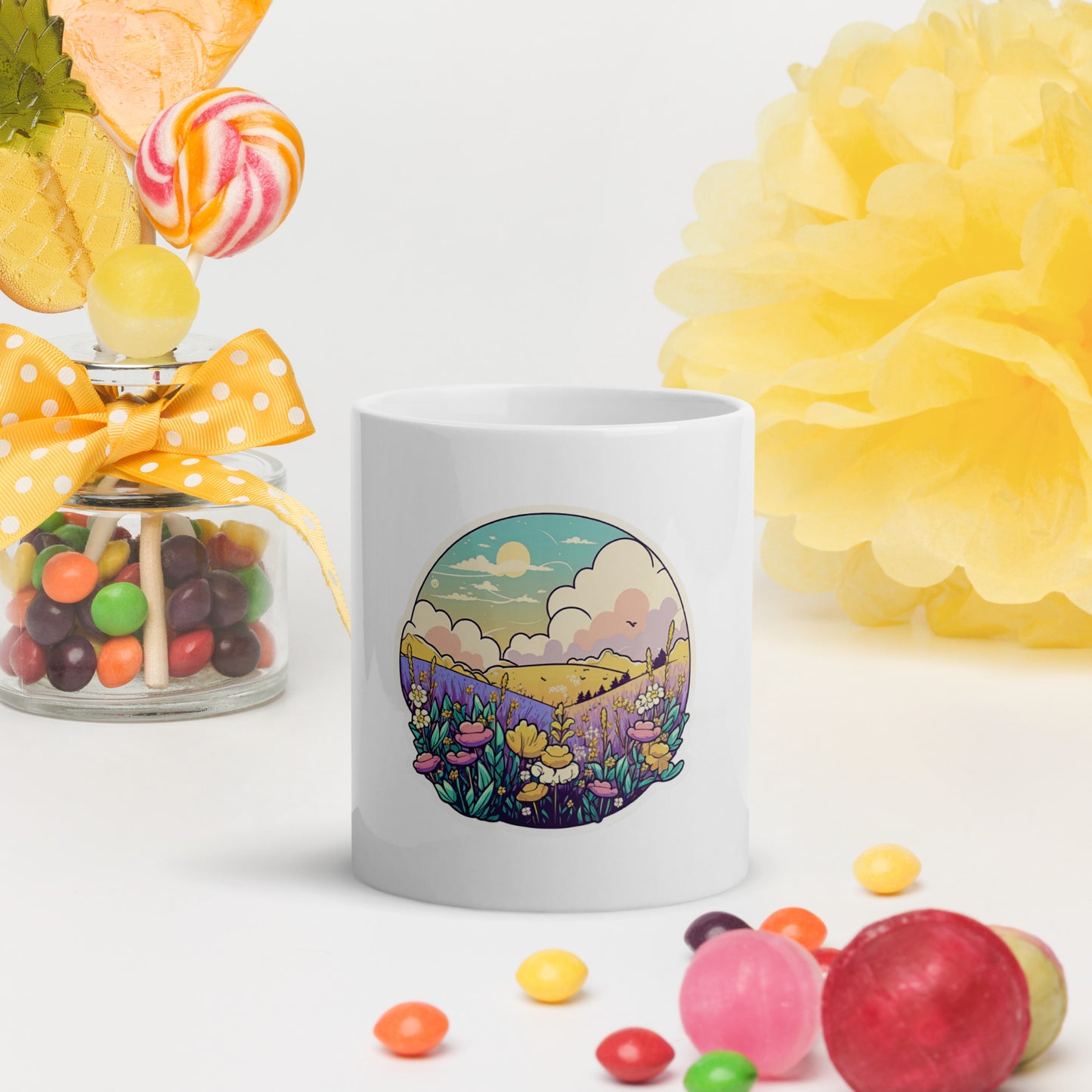 Pastel field White glossy mug