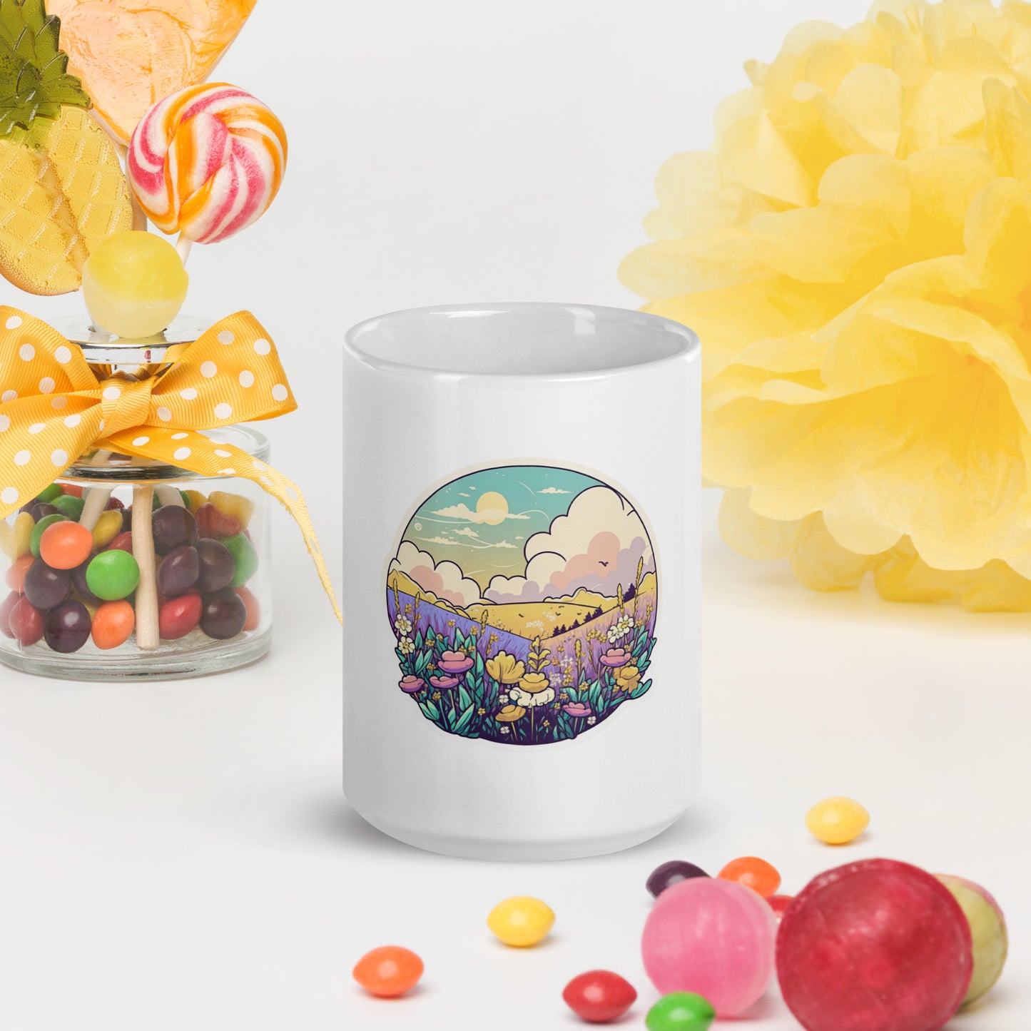 Pastel field White glossy mug