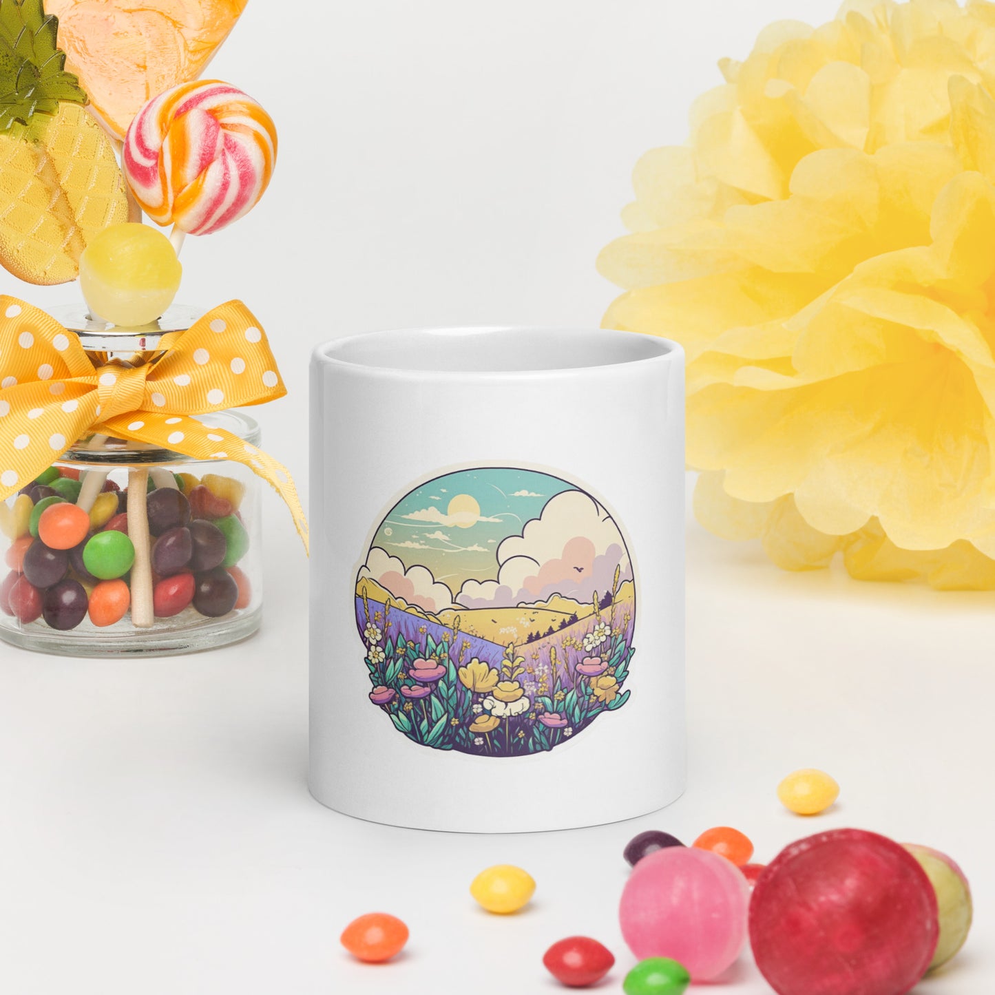 Pastel field White glossy mug